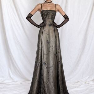 Vintage Y2K 90s Black Gold Floral Beaded Mesh Ombre Maxi Prom Dress Size S/M